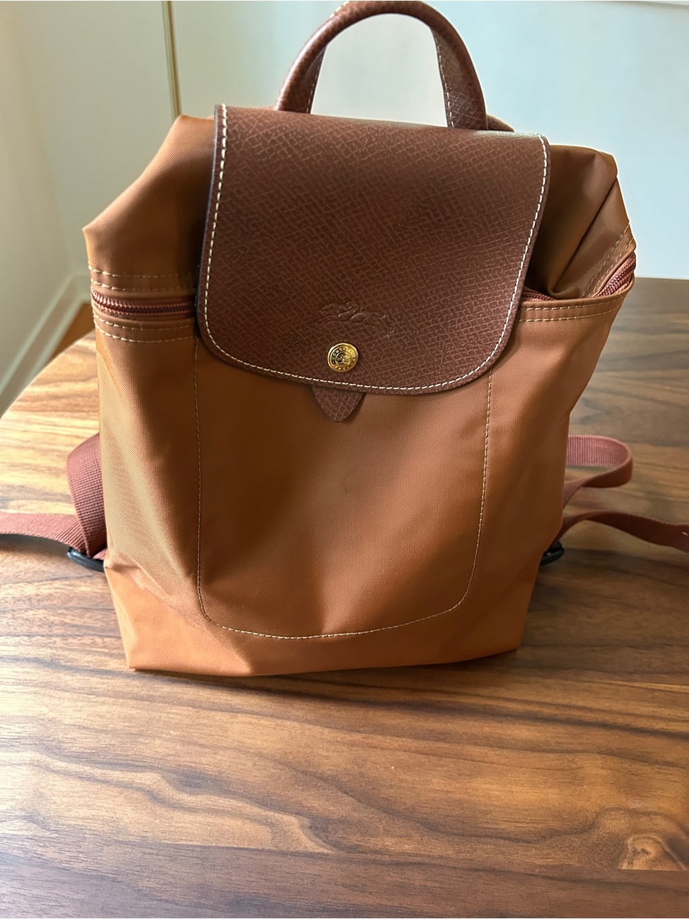 Longchamp nylon backpack in rust with brown leather flap
